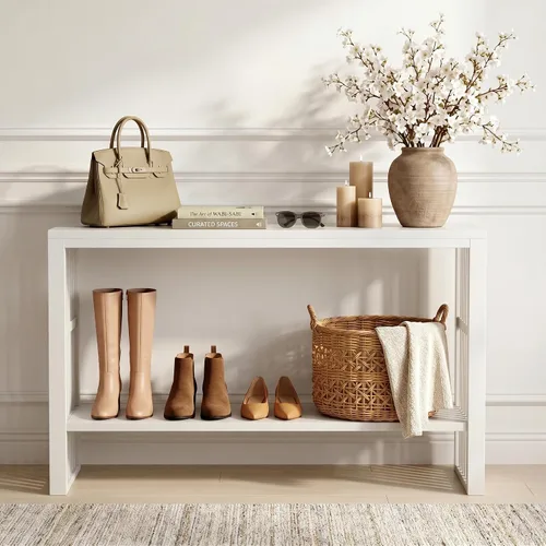Vista 8 de Mesa de consola estrecha de bambú de 47.2" (120 cm), mesa auxiliar de madera estilo granja, mesa rectangular de entrada, mesa de sofá moderna detrás