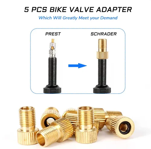 Vista 2 de 5 adaptadores de válvula Presta para bicicleta, convierte la válvula Presta a Schrader, funciona con compresores de aire, bombas y más, herramienta