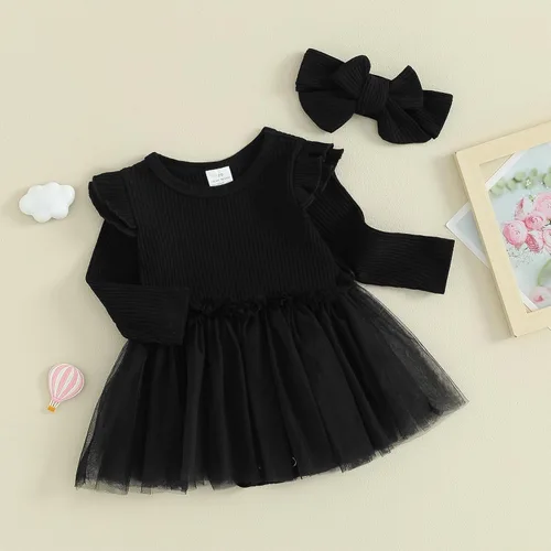 Vista 4 de Maemukilabe Infant Newborn Baby Girl Ruffle Sleeve Dress Romper 2Pcs Tulle Bodysuit Headband Set Christmas Halloween Clothes