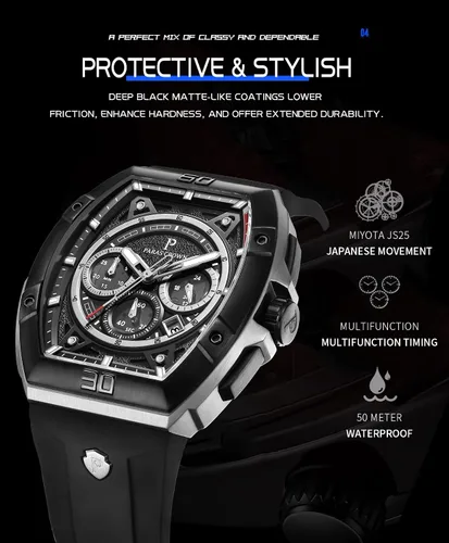 Vista 3 de Paras - Reloj de corona para hombre resistente al agua cronógrafo de lujo relojes analógicos con fecha reloj de pulsera de cuarzo con correa