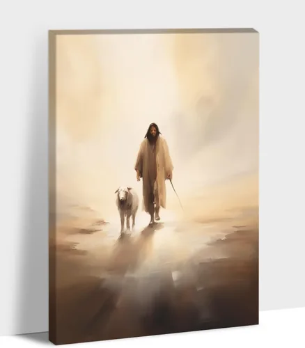 Vista 15 de Arte de pared en lienzo de Jesús y Cordero, Arte de pared en lienzo de Jesús abrazando a un cordero fangoso, Arte de pared cristiano para decoración