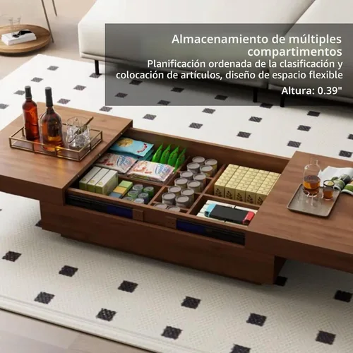 Vista 6 de Mesa de centro expandible de mediados de siglo con almacenamiento – Mesa central ajustable de 47.2"-81.9" para la sala de estar, acabado en madera
