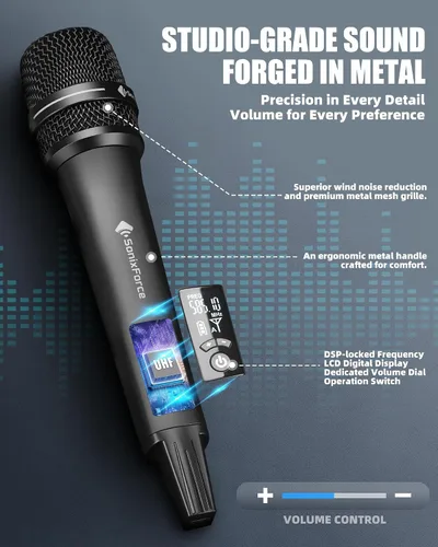 Vista 4 de Micrófonos inalámbricos, micrófono de karaoke profesional, sistema UHF de doble micrófono con rango de 260 pies, micrófono portátil de metal