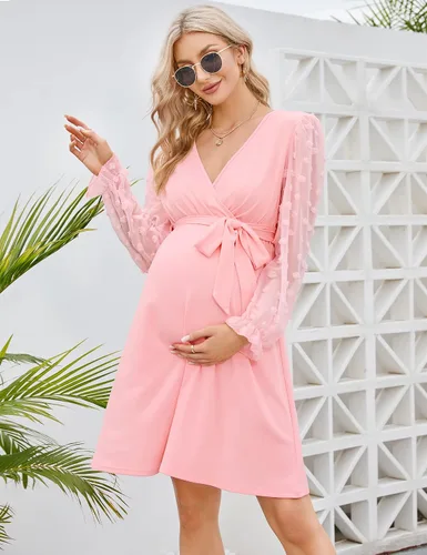 Vista 2 de Coolmee Vestido de maternidad de manga larga con lunares suizos, cuello en V, para otoño, casual, bohemio, vestido midi para baby shower, sesión