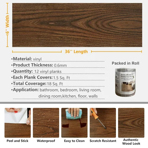 Vista 8 de VEELIKE Azulejos de piso de 6 x 36 pulgadas para despegar y pegar para baño, impermeables, de madera de castaño marrón, paquete de 12 tablones