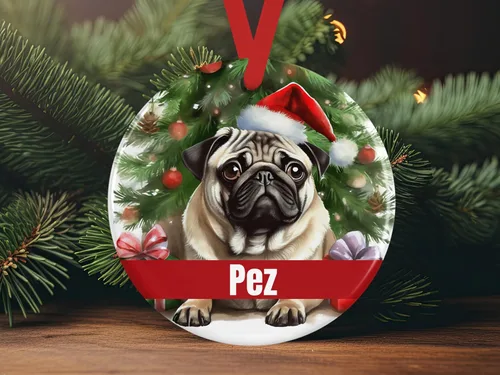 Vista 2 de Personalized Fawn Pug Ceramic Christmas Ornament, 3-Inch