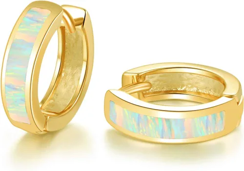 Vista 25 de CiNily Aretes Huggie de ópalo con bisagras, chapados en oro, hipoalergénicos, pequeños aretes de aro para mujeres, adolescentes, niñas, hombres