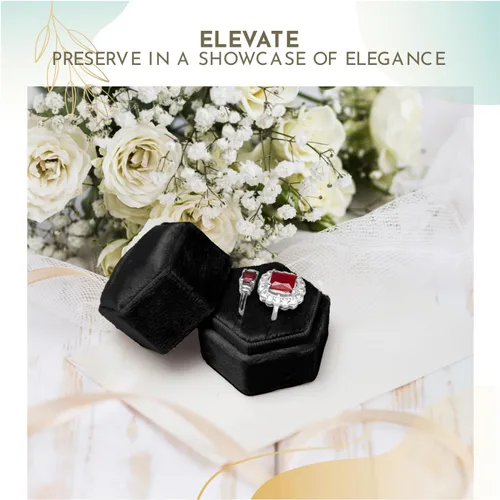 Vista 5 de Caja de terciopelo para anillos, color negro, con 2 ranuras, exquisita caja para anillos de boda, preciosa caja hexagonal para anillos de boda