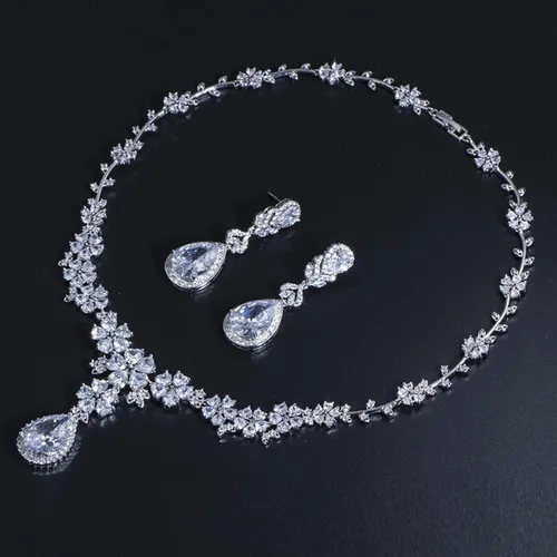 Vista 2 de SLFDXDP Joyería para mujer, joyería de boda, fiesta, disfraz de gota, flor de novia, conjuntos de collares para novias (color metal chapado en plata)