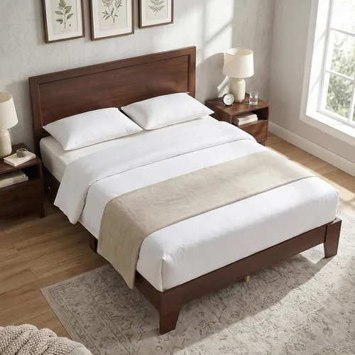 Vista 21 de KOMFOTT Base de cama de madera tamaño twin con cabecero, base de cama de plataforma de madera de acacia sólida, base de cama soportada por listones