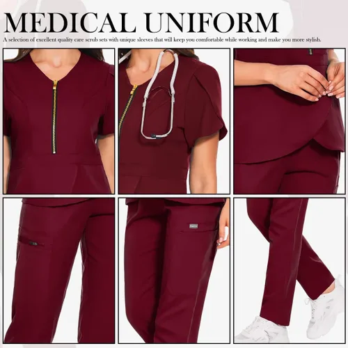 Vista 4 de VIAOLI Conjunto de ropa quirúrgica para mujer con cremallera, conjunto médico de enfermería y pantalón de enfermería, diseño moderno y sexy