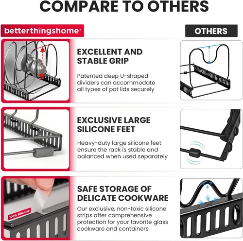 Vista 5 de BetterThingsHome - Soporte organizador de sartenes: se puede extender a 22.25 pulgadas, total 7 compartimentos ajustables. Gris Oscuro