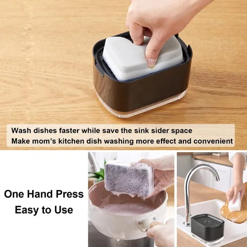 Vista 2 de Dispensador de jabón para platos de 10 onzas para fregadero de cocina con soporte de esponja, dispensador de jabón de cocina de calidad premium