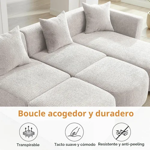 Vista 5 de 279 cm Sofá modular seccional con 3 almohadas, cómodo sofá de chenilla en nube convertible de 5 plazas con reposapiés, sofás seccional modernos