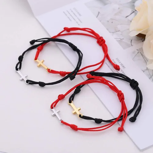 Vista 6 de LIKGREAT Pulsera de cordón de cera trenzada hecha a mano con dije de cruz cristiana para mujer, Sin gemas.