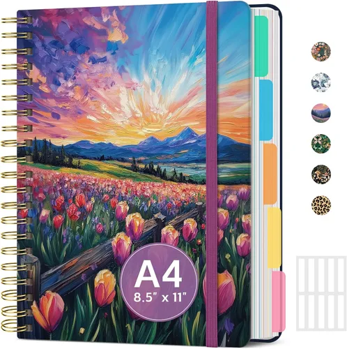 Vista 8 de Cuadernos grandes con forro en espiral para el trabajo con divisores y pestañas extraíbles, 8.5 x 11 pulgadas, bonito cuaderno de tapa dura de 5