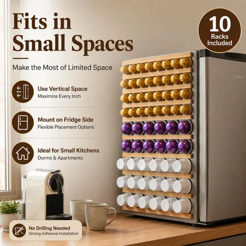 Vista 6 de Soporte para tazas K, soporte de madera para cápsulas de café, 10 piezas debajo de los gabinetes de montaje en pared vertical/horizontalmente
