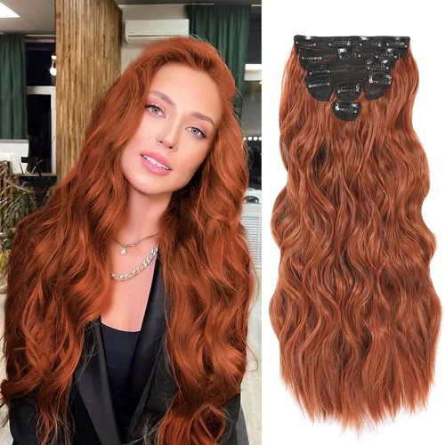 Vista 34 de NAYOO - Extensiones de cabello con clip, extensiones sintéticas onduladas de 20 pulgadas, 6 unidades Wavy Curly Hair, Full Head Coverage, Heat