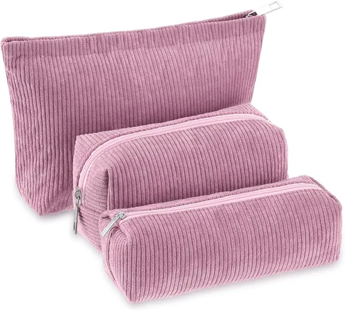 Vista 13 de Huhumy Juego de 3 bolsas de maquillaje para mujeres, bolsa cosmética de pana con sonrisa estética, bolsa de viaje para artículos de tocador, linda