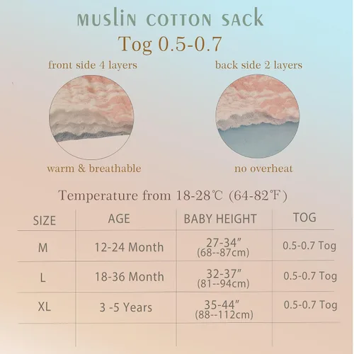 Vista 8 de Saco de dormir transpirable para niños pequeños de 18 a 36 meses, saco de dormir de muselina de algodón de 0.5 TOG, manta ponible ligera para bebés