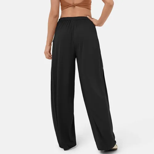 Vista 5 de Gumipy Pantalones holgados de pierna ancha para mujer, cintura elástica, con cordón, pantalones palazzo casuales con bolsillo lateral, pantalones