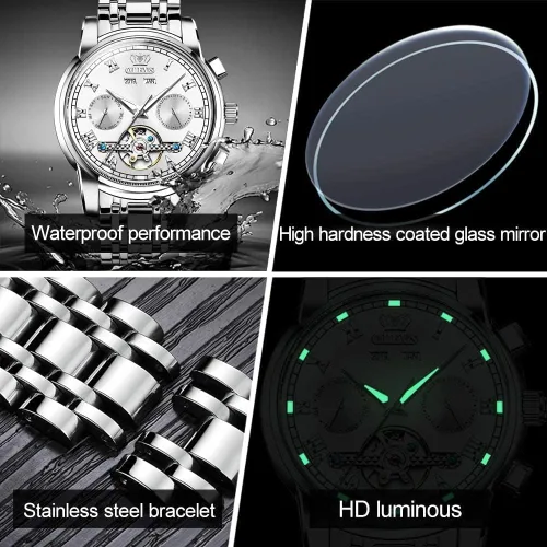 Vista 5 de OLEVS Reloj automático para hombre, cuerda automática, mecánica, de lujo, de acero inoxidable, multicalendario, impermeable, luminoso, reloj
