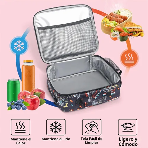 Vista 4 de rockpapa Lonchera infantil para niños con correa, impermeable, resistente a las manchas y al aceite, bolsa de almuerzo aislada, bolsa de almuerzo