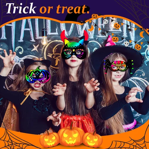 Vista 2 de Natonhi 32 piezas de manualidades de Halloween para niños, máscara para rascar arco iris, juegos de Halloween, arte y manualidades, kit de Halloween