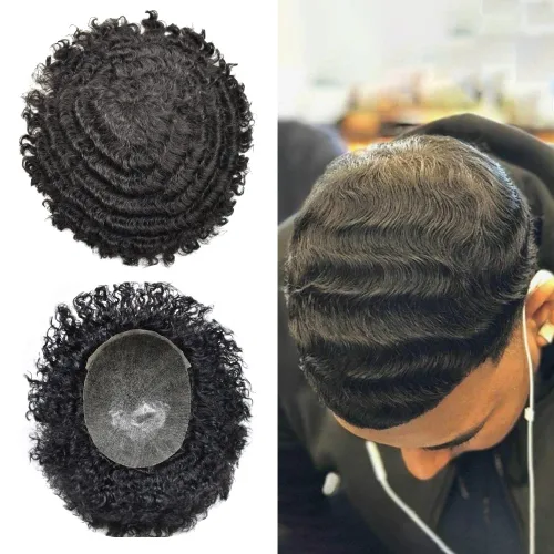 Vista 14 de Unidad de cabello humano para hombres negros, rizado afro brasileño, sistema de reemplazo de cabello para hombres afroamericanos afroamericanos
