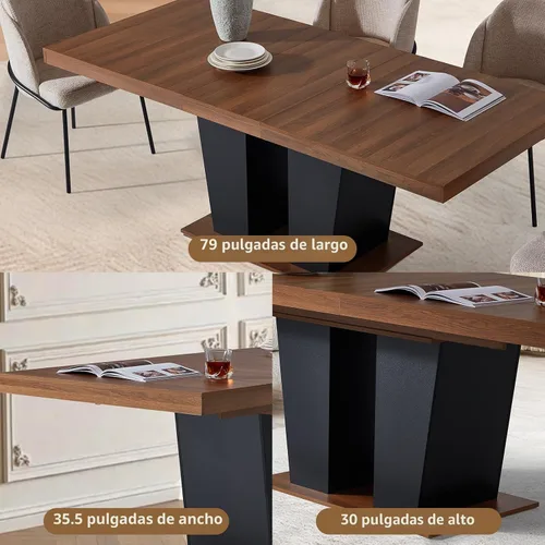 Vista 6 de Mesa de comedor extensible de 63 a 79 pulgadas para 4-8 rectangular de madera expandible con base acanalada para comedor, cocina, sala de estar