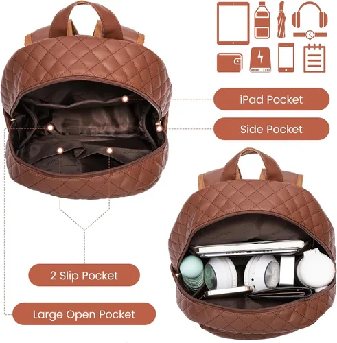 Vista 3 de LOVEVOOK Mochila pequeña acolchada para mujer, mochila de cuero, impermeable, para viajes de trabajo, Marrón, Compacto