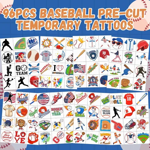 Vista 3 de 96 calcomanías de tatuajes temporales de béisbol, regalos de fiesta de cumpleaños de béisbol, decoración de fiesta de cumpleaños temática deportiva
