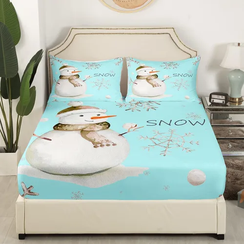 Vista 3 de Erosebridal Kawaii - Juego de sábanas de muñeco de nieve para niños, sábanas individuales con temática de festival, patrón de copo de nieve de Azul