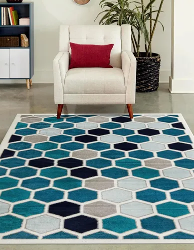 Vista 2 de Unique Loom Metro Collection - Alfombra hexagonal geométrica multicolor abstracta (9 pies x 12 pies, rectangular, marfil y azul)