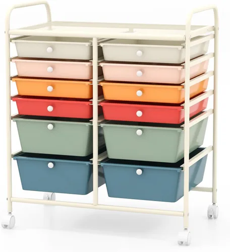 Vista 10 de COSTWAY Carrito de almacenamiento rodante con 4 cajones, carrito de almacenamiento de plástico y organizador con 4 cajones extraíbles, carrito