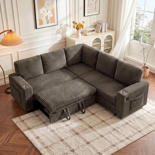 Vista 17 de Sofá cama modular de 103.5 pulgadas con cama extraíble, sofá de gran tamaño con almacenamiento, sofá modular para sala de estar, color beige Negro