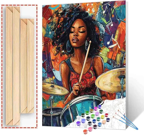 Vista 24 de Pintura de niña afro a la moda, kits de pintura por números, 16 x 20 pulgadas, lienzo de hojas tropicales, pintura al óleo para niños y adultos