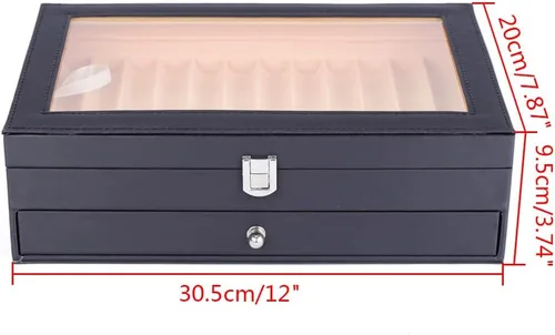 Vista 4 de Caja de exhibición de 24 plumas estilográficas, caja organizadora de bolígrafos de franela de cuero, caja de almacenamiento de cristal con tapa, 12