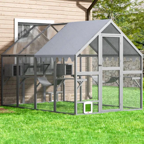 Vista 7 de COZIWOW Catio - Recinto grande de 110 pulgadas para gatos al aire libre, 53.5 pies ² de madera para múltiples mascotas con techo totalmente