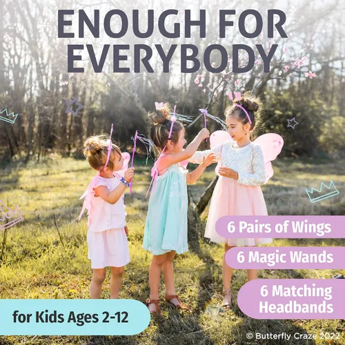 Vista 3 de Butterfly Craze Alas de hadas para niñas con varitas y diademas – Paquete de 6, disfraces y disfraz para niños de 3 años en adelante, estos
