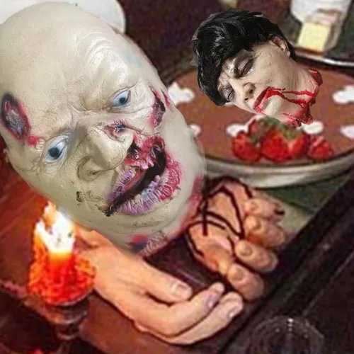 Vista 4 de RiceelSor Decoración colgante de cabeza dividida para Halloween, diseño de cadáver sangriento, de terror, de tamaño real, con peluca, disfraz