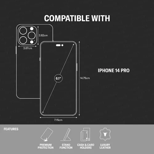 Vista 2 de TORRO Funda de cuero compatible con iPhone 14 Pro - Funda de piel auténtica tipo cartera con tarjetero y función atril (negro)