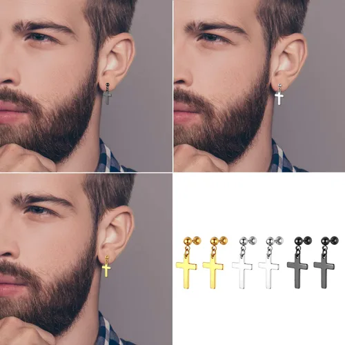 Vista 4 de OIDEA Aretes de cruz de acero inoxidable para hombre, juego de aretes de aro colgantes con bisagras, regalo de joyería para hombres y mujeres