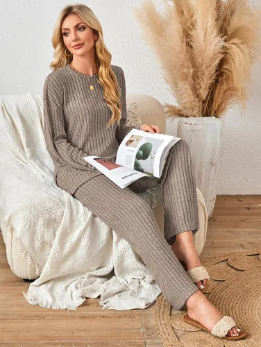 Vista 5 de Conjunto de 2 piezas para mujer, de gran tamaño, holgado, a juego, ropa de descanso de punto, ropa de dormir