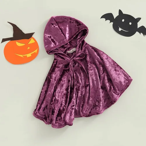 Vista 4 de Capa de Halloween con cordones y capucha para niños pequeños y niñas, poncho de terciopelo, disfraz de bruja