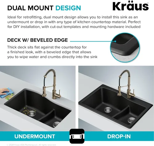 Vista 6 de Kraus Quarza - Fregadero de cocina de doble seno 60/40 de granito de instalación empotrada/sobre encimera, 33 pulgadas, color negro, KGD-442BLACK