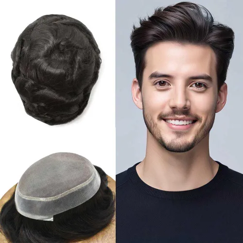 Vista 72 de Toupee para hombres Piezas de pelo fino mono para hombre Toupee sistema de reemplazo de pelo para hombres línea capilar natural para hombre postizo