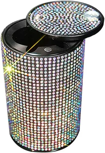 Vista 9 de Cenicero portátil con tapa, a prueba de olores, cenicero de automóvil de diamantes de cristal para mujeres, mini bote de basura ideal para Negro