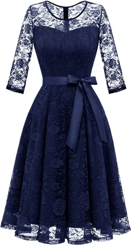 Vista 10 de Dressystar Vestido de encaje floral para mujer, corto, para dama de honor, con cuello transparente B- Borgoña