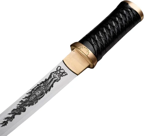Vista 5 de Hoja de crisantemo japonesa real hecha a mano tanto corta katana samurái real de 13 pulgadas 1065 hoja de acero de resorte de acero de espiga